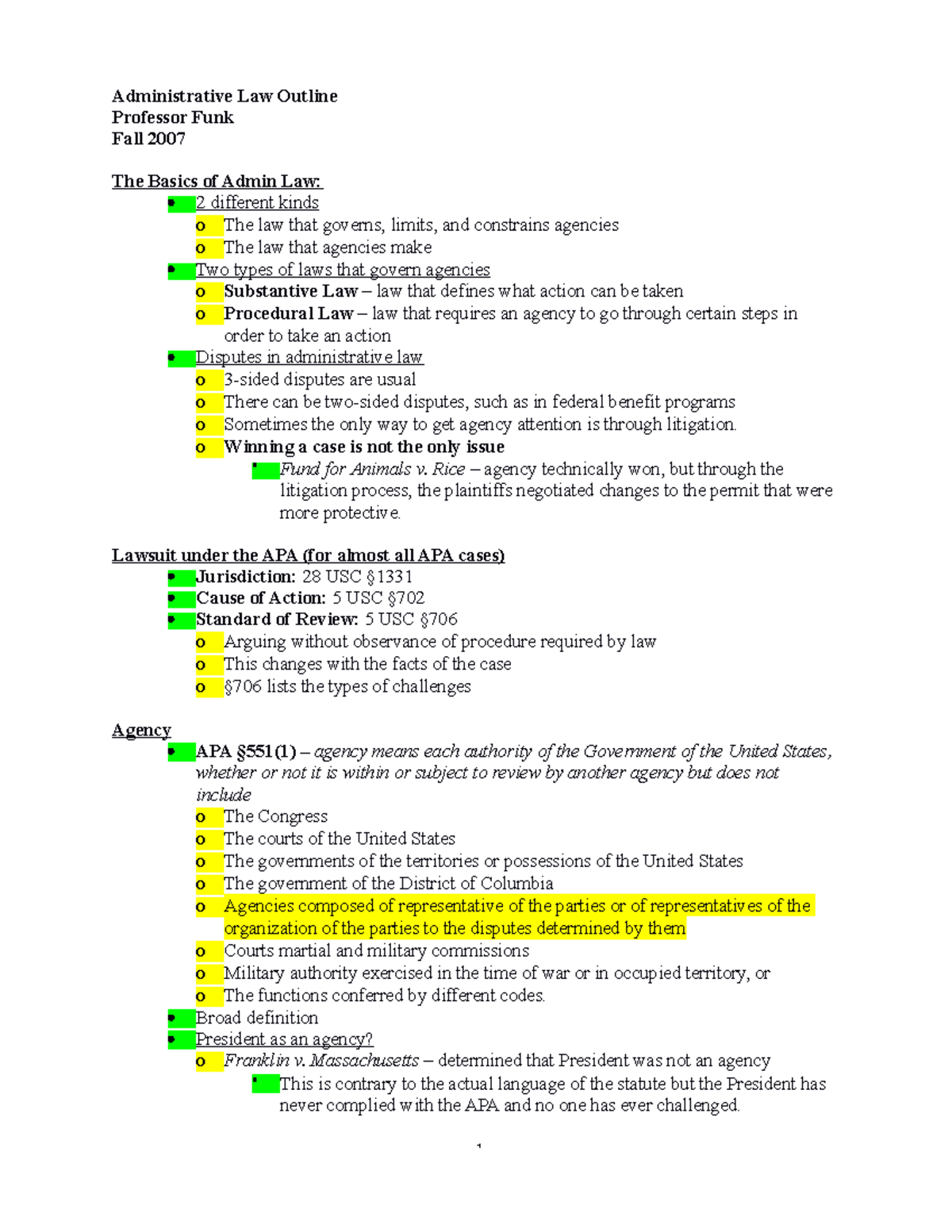 Admin-law - Outline - Administrative Law Outline Professor Funk Fall ...