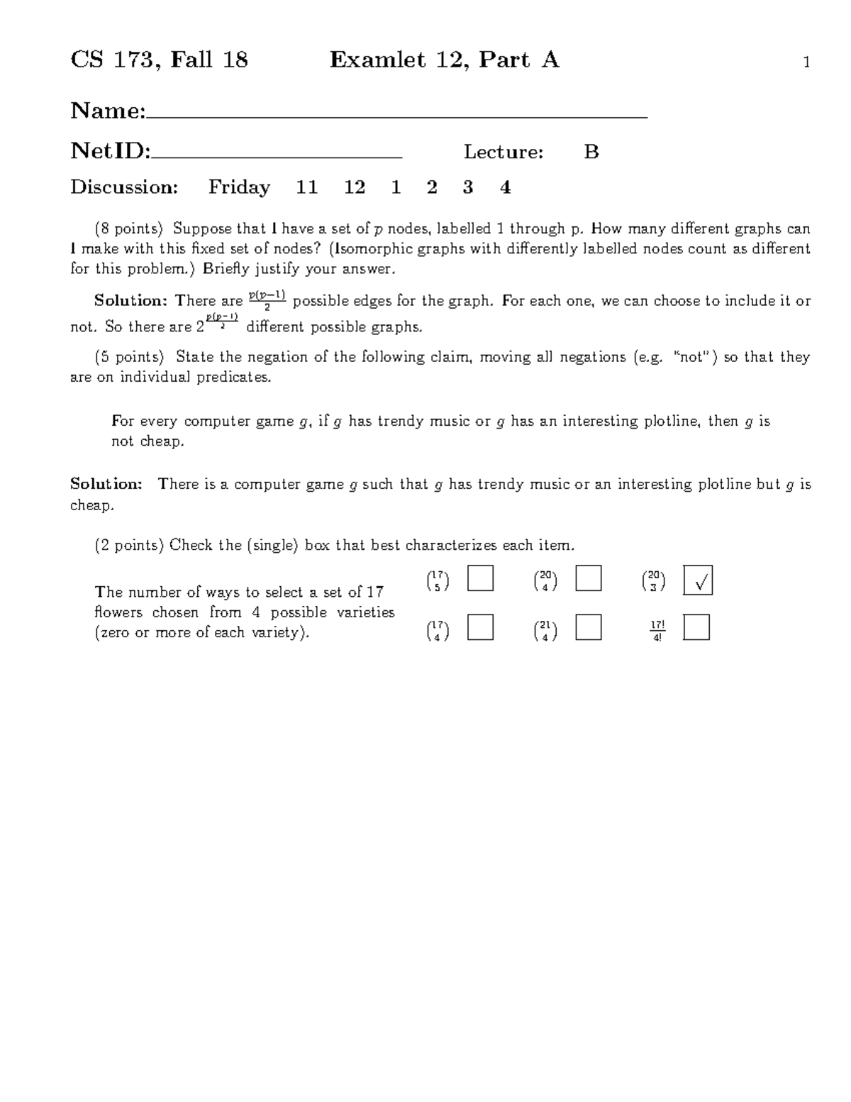 Long Solutions-56 - Cscscscscscscsc - CS 173, Fall 18 Examlet 12, Part ...