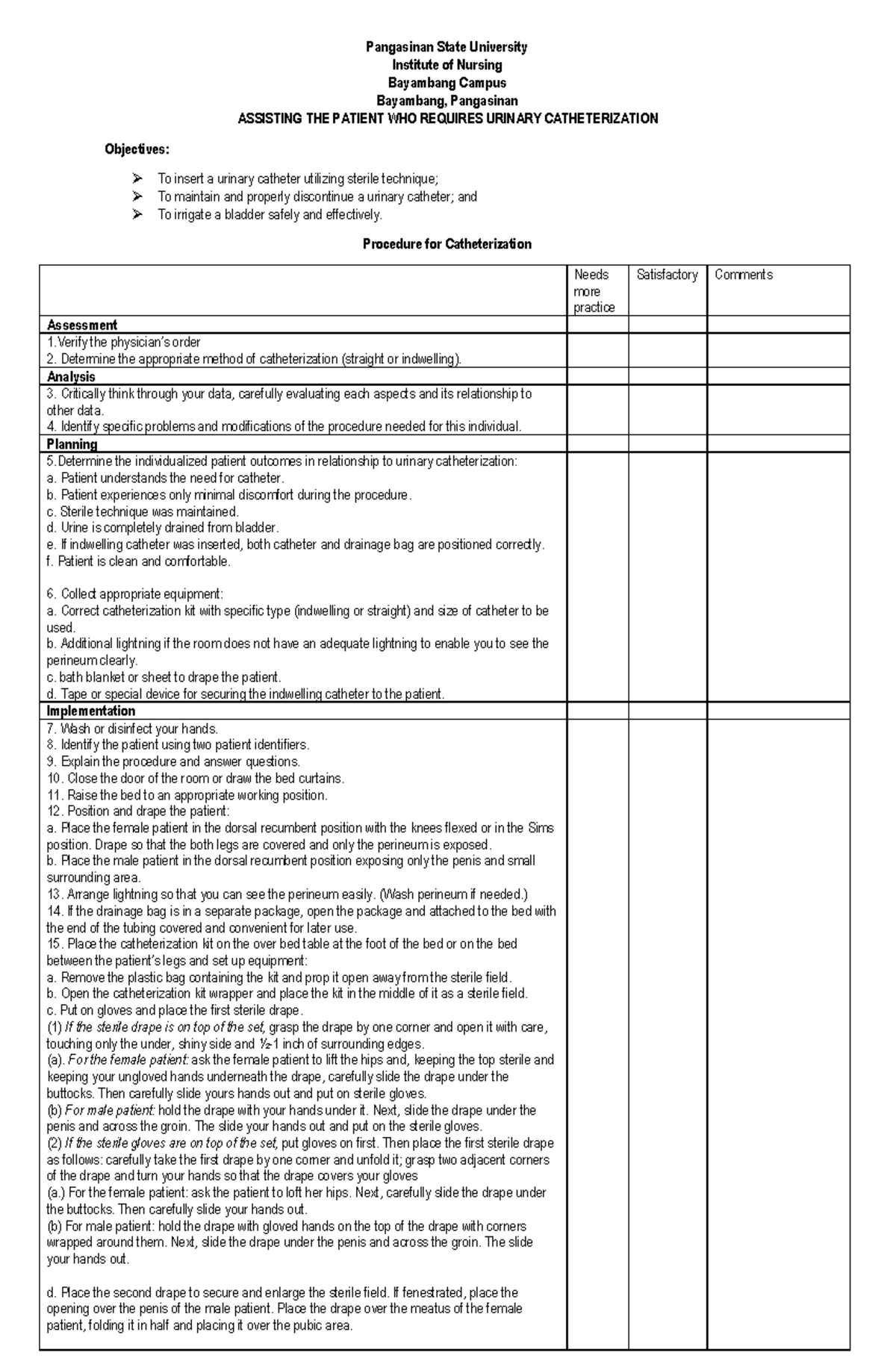 Catheter- Checklist - None - Pangasinan State University Institute of ...