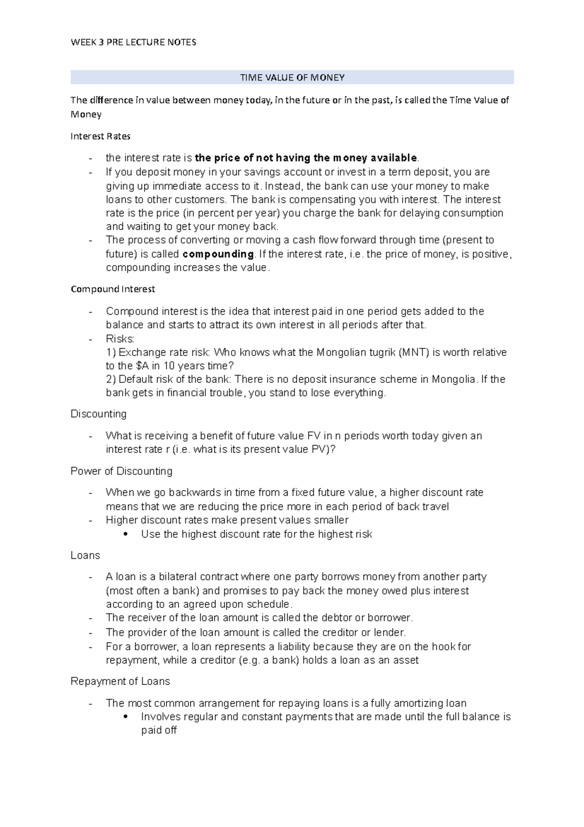 Week 3 Lecture Notes - WEEK 3 PRE LECTURE NOTES TIME VALUE OF MONEY The ...