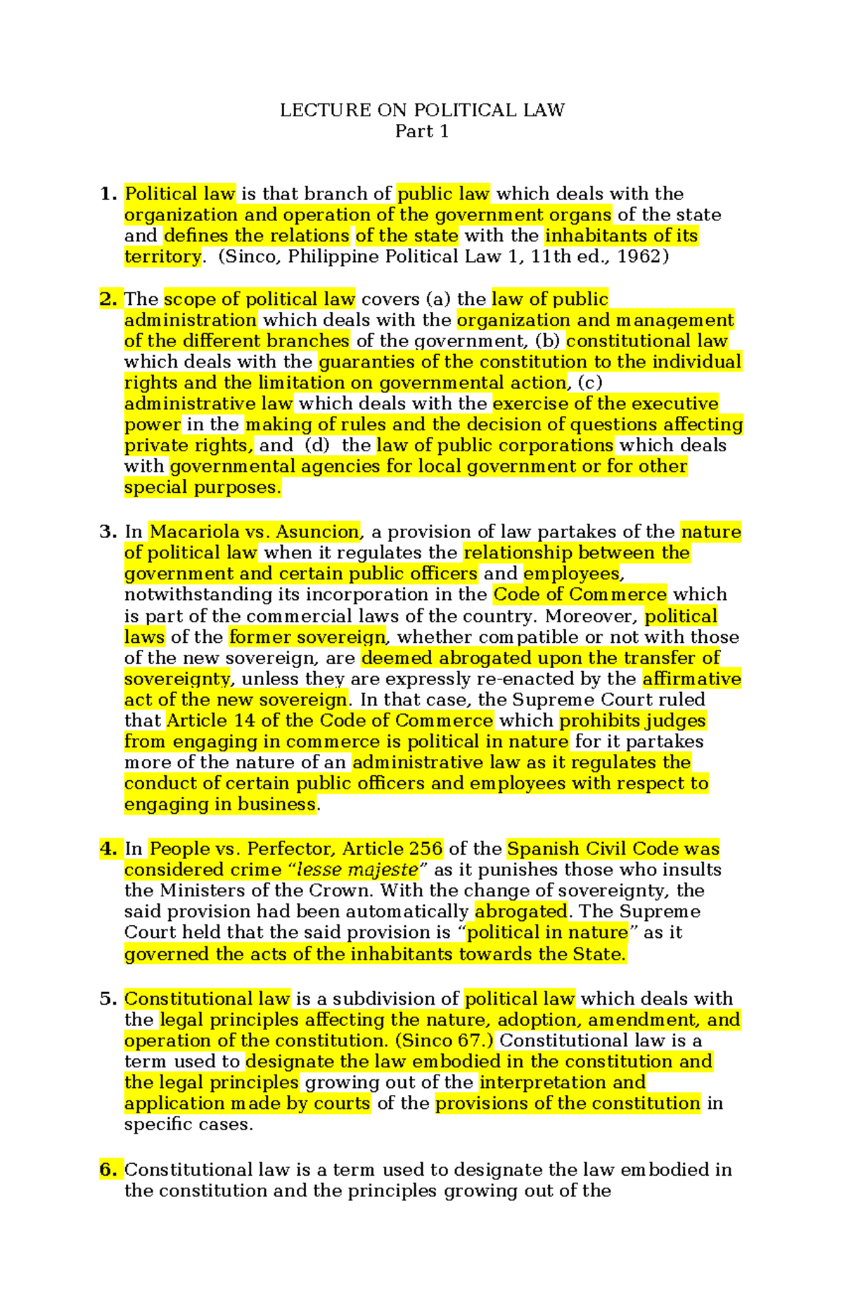 Lecture Consti 1 Part One - LECTURE ON POLITICAL LAW Part 1 Political ...