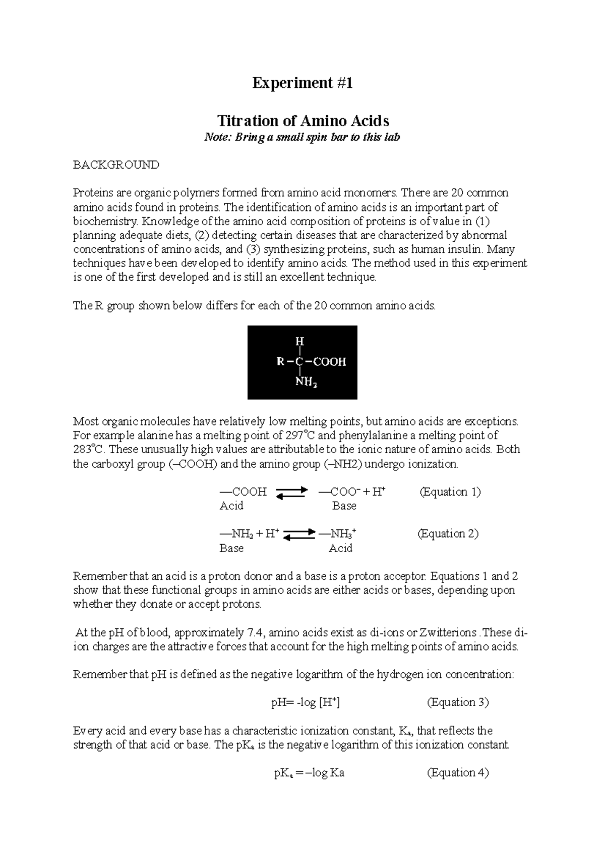 Experiment 1 answers Experiment Titration of Amino Acids Note Bring