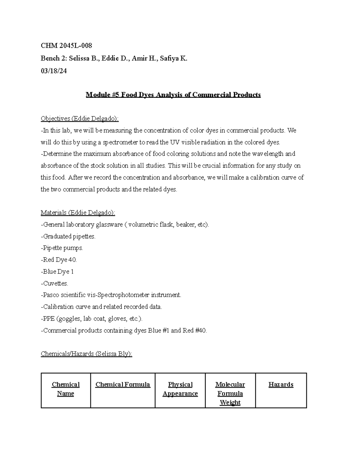 Module #5 Pre-lab Plan - CHM 2045L- Bench 2: Selissa B., Eddie D., Amir ...