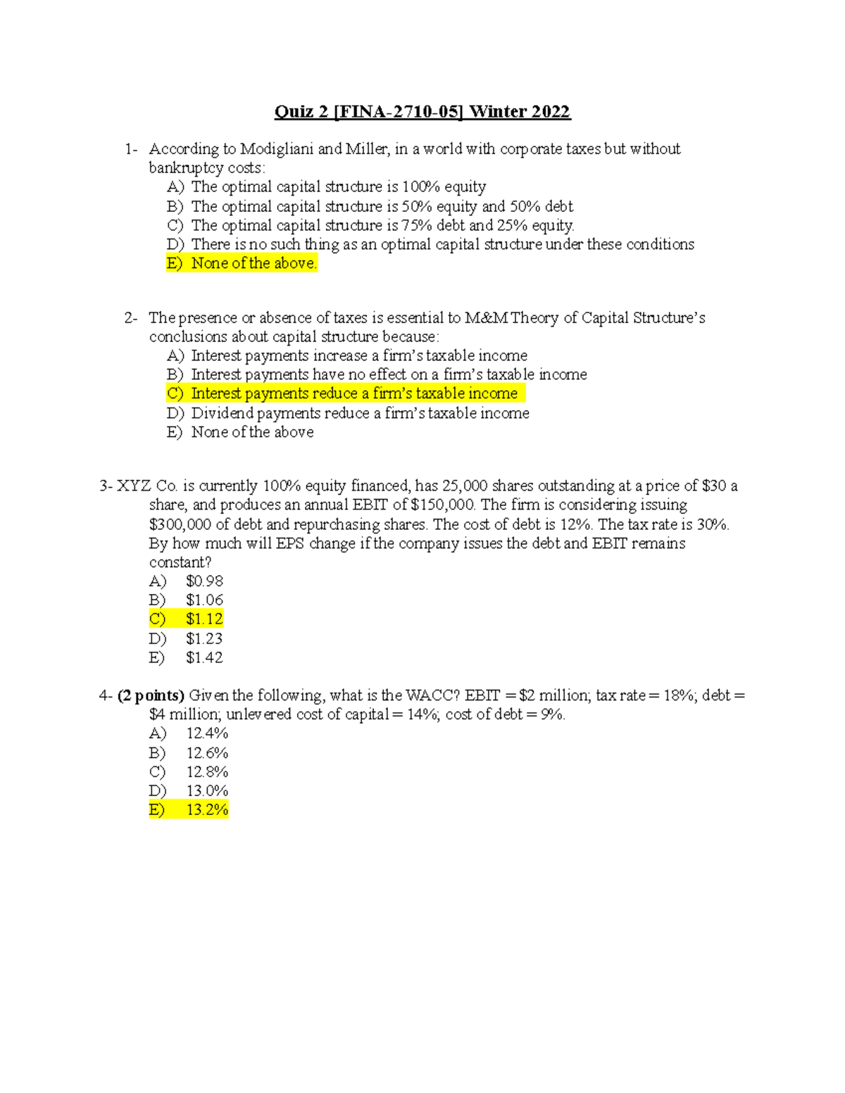 Quiz 2 Finance Finished - Quiz 2 [FINA-2710-05] Winter 2022 1 ...