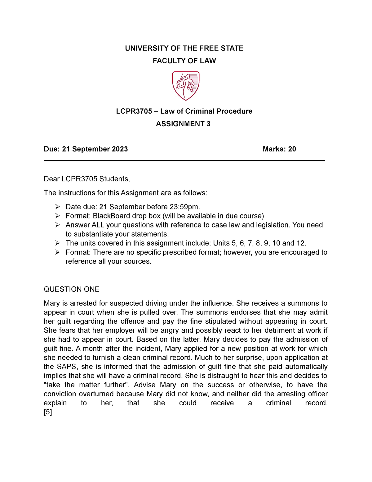 LCPR3705 2023 Assignment 3 Instructions AND Guidelines - UNIVERSITY OF ...