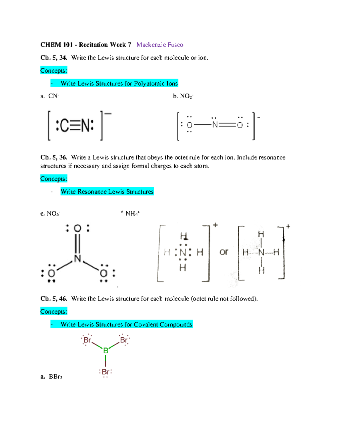 Week 7 Pre Recitation - CHEM 101 - Recitation Week 7 Mackenzie Fusco Ch ...