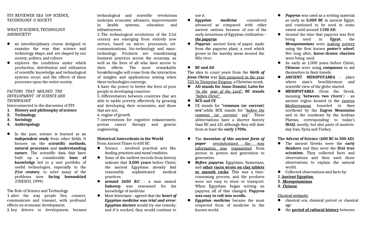 STS Reviewer Chapter 1 3 Completed - STS REVIEWER GEd 109 SCIENCE ...