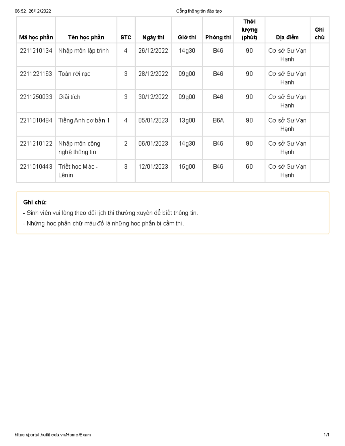 Lịch Thi HKI - LỊCH Thi HKI - 06:52, 26/12/2022 Cổng Thông Tin đào Tạo ...