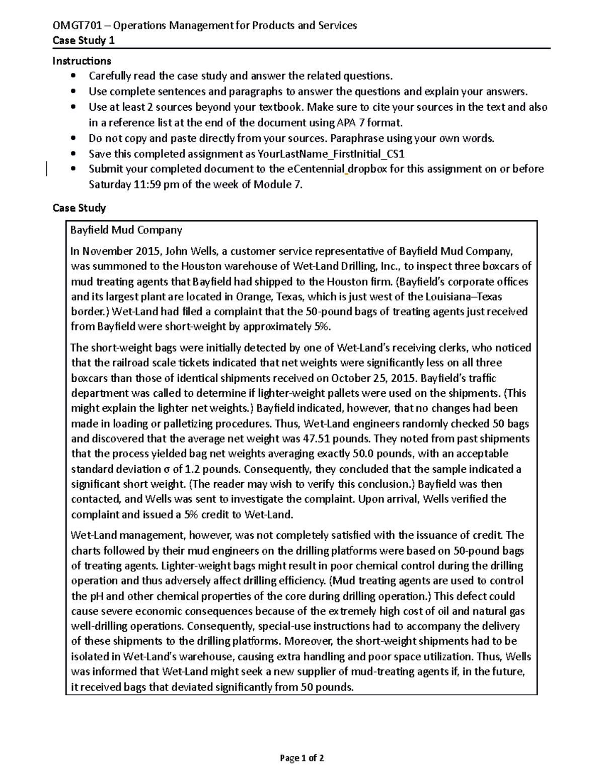 Case study 1 - statistical process control - OMGT701 – Operations ...