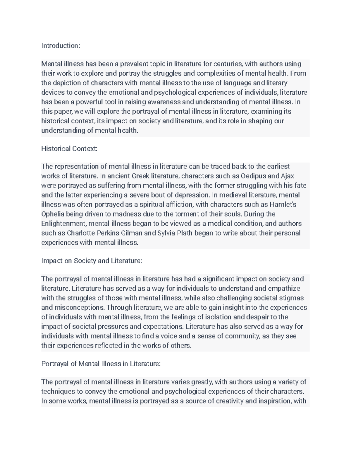 The Portrayal of Mental Illness in Literature Introduction Mental