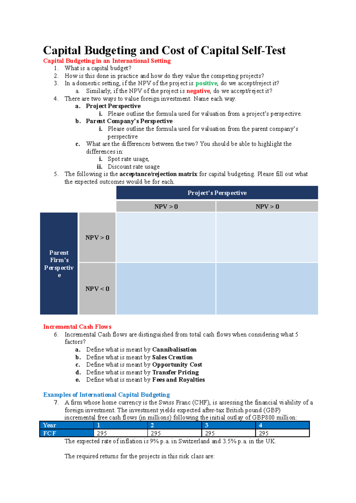 Self Test - Capital Budgeting and Cost of Capital - Capital Budgeting ...