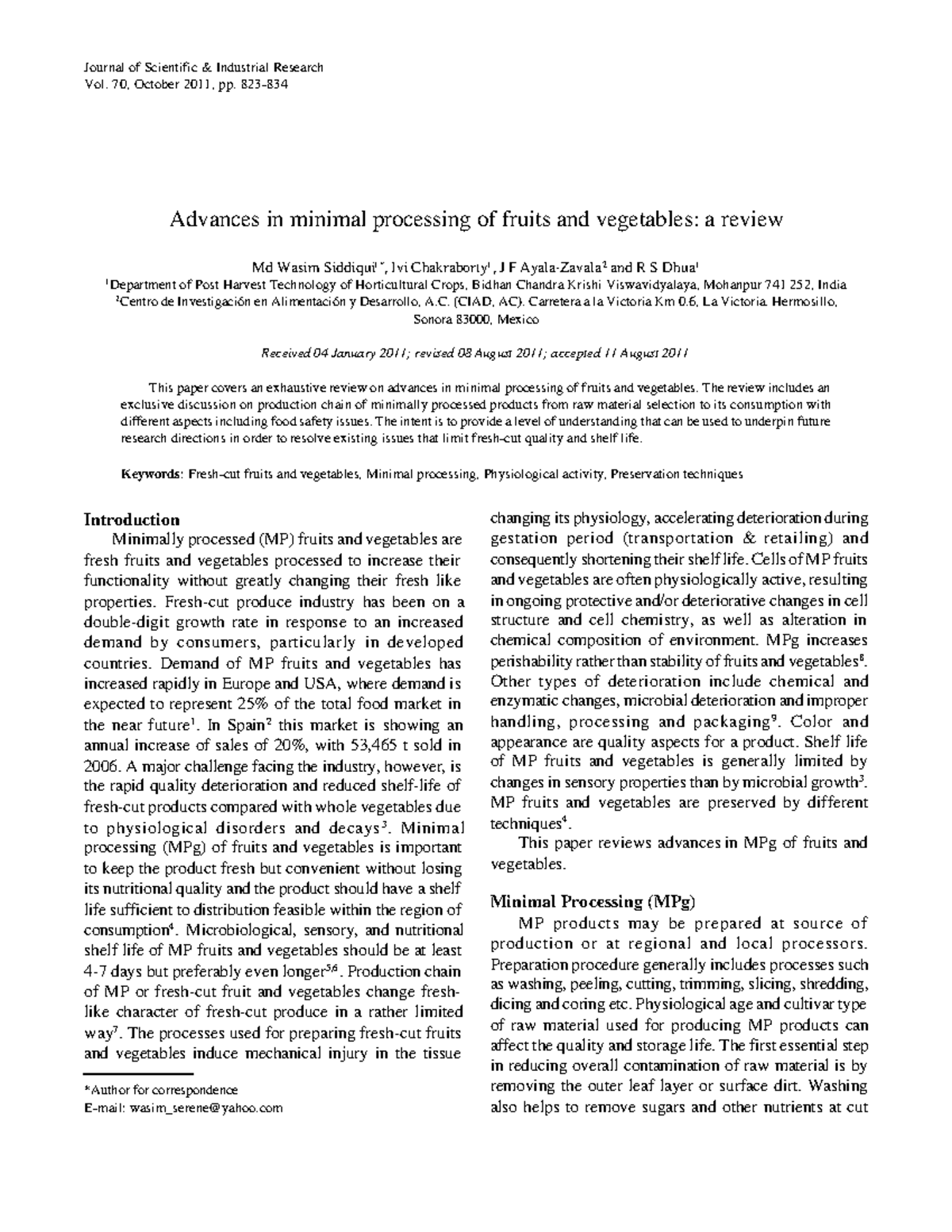 Advances in minimal processing of fruits and vegetables - Journal of ...