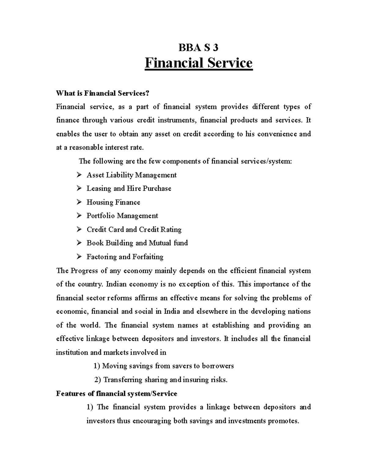 Financial Service Note - BBA S 3 Financial Service What Is Financial ...