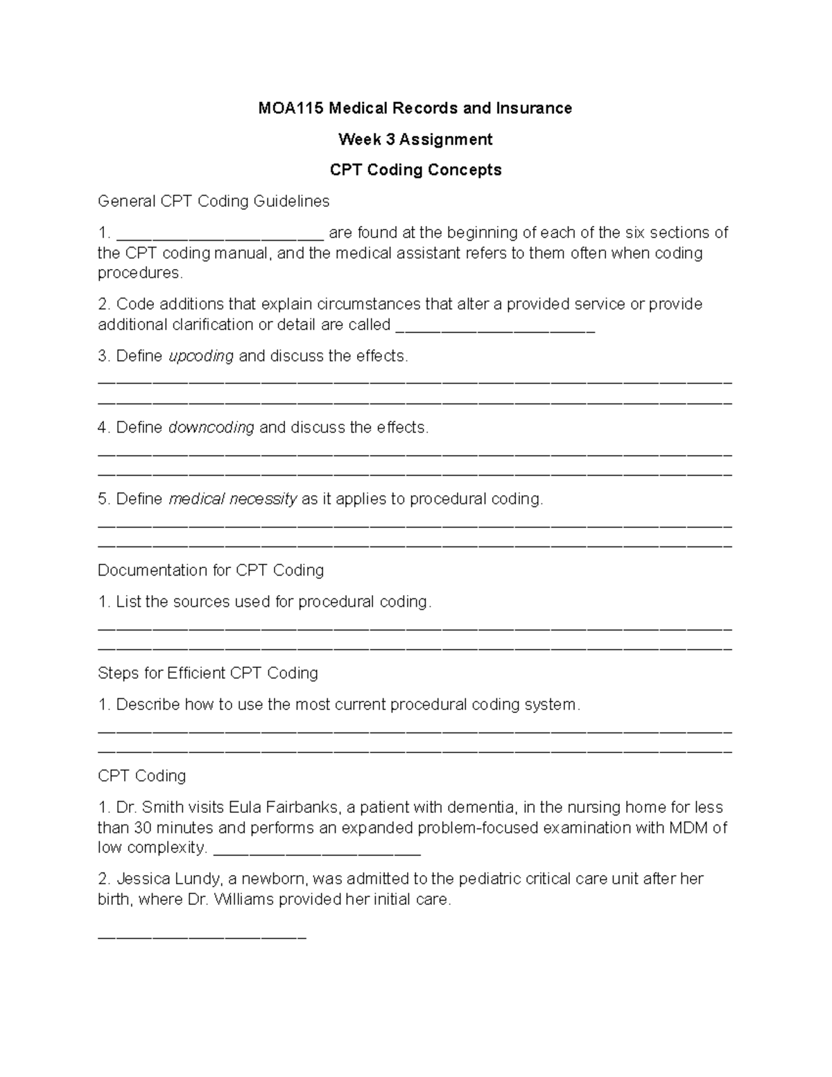 Week 3 Assignment Worksheet - MOA115 Medical Records And Insurance Week ...