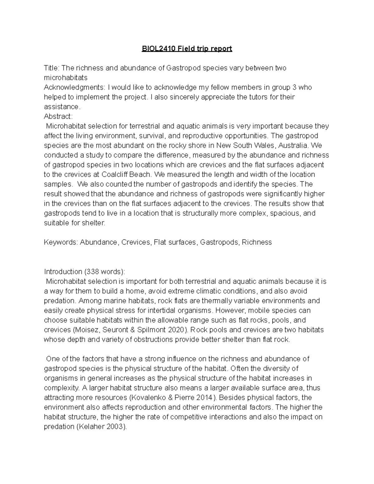 BIOL 3410 Field trip report BIOL2410 Field trip report Title The