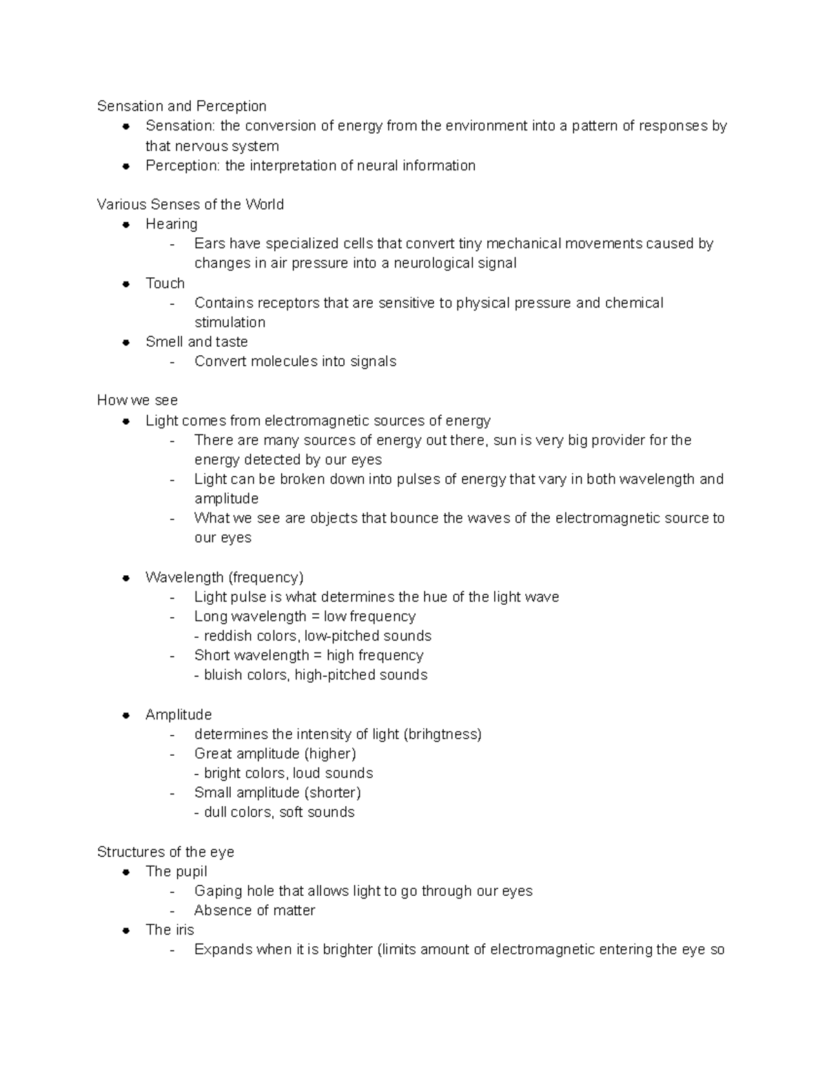 Lecture 4: Sensation and the Eye - Sensation and Perception Sensation ...