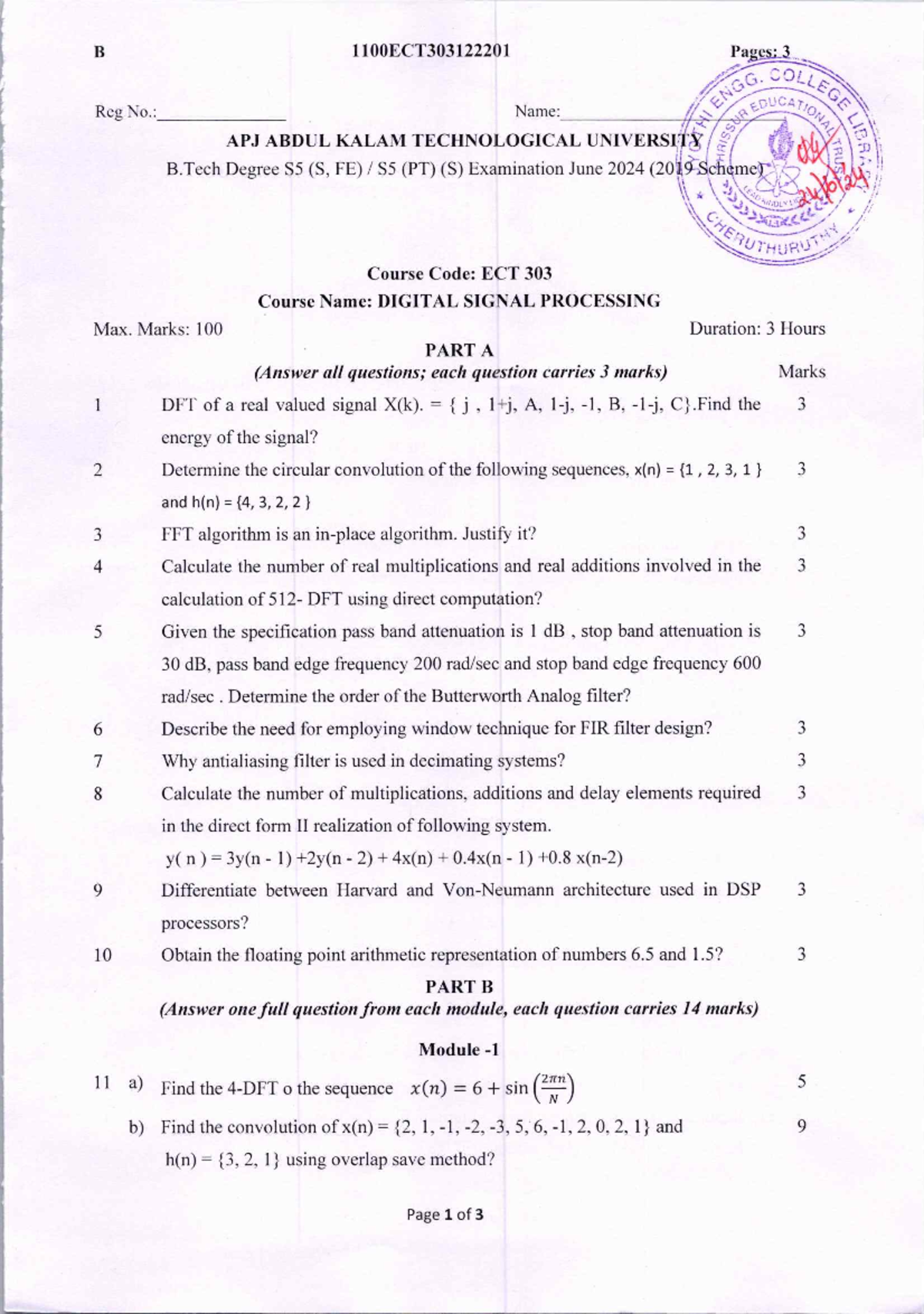 ECT303 Digital Signal Processing JUNE 2024 B Pages 3 Reg No. Name