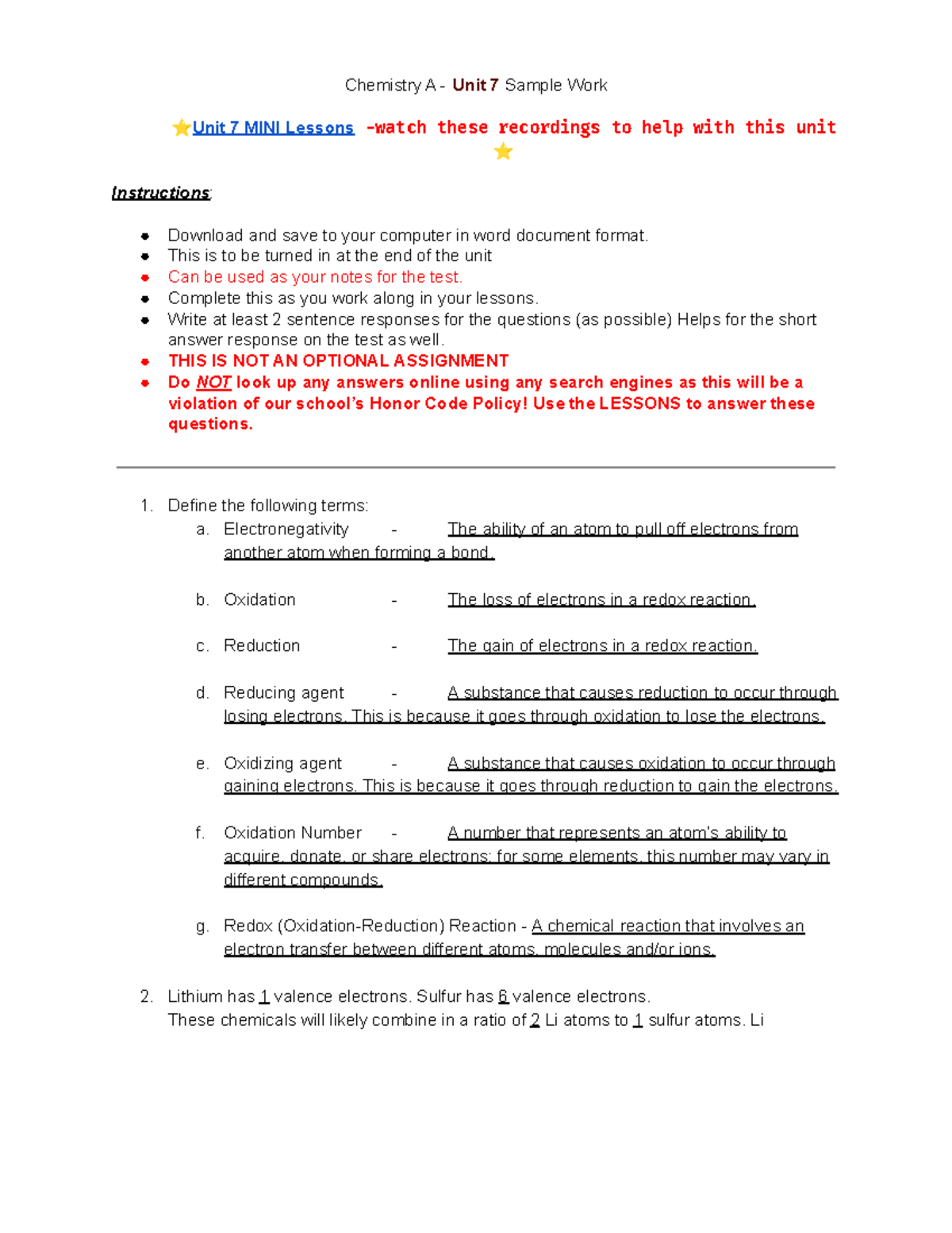 Chemistry 11 Unit 7 Study Guide Chemistry A Unit 7 Sample Work тнр