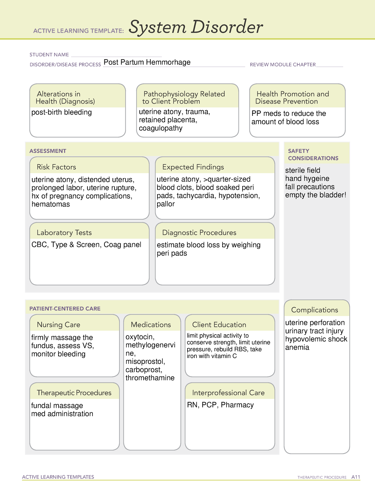 Ati System Disorder Template Postpartum Hemorrhage