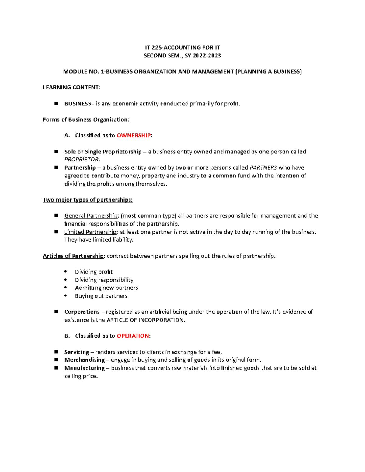 IT 225- Accounting FOR IT - IT 225-ACCOUNTING FOR IT SECOND SEM., SY ...