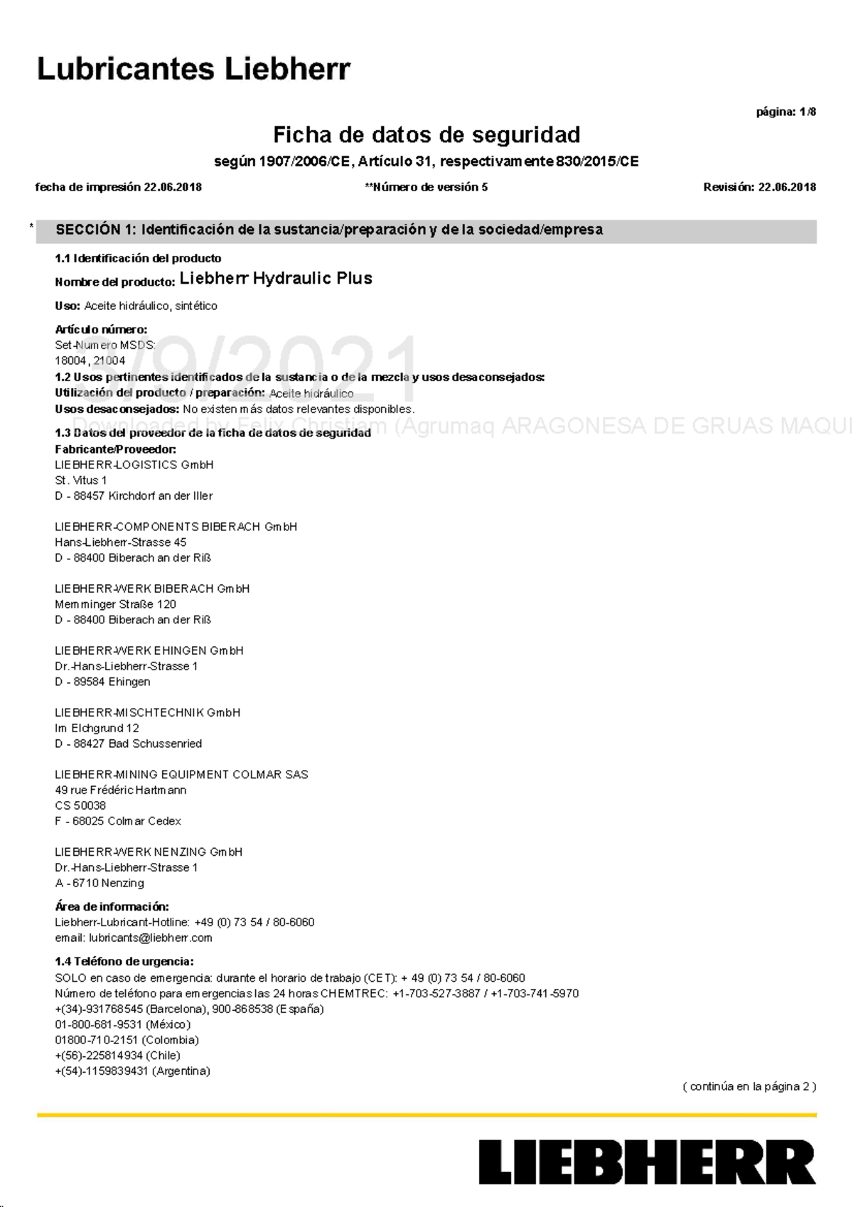10356303 Liebherr Hydraulic Plus SDB ES Ficha de datos de seguridad