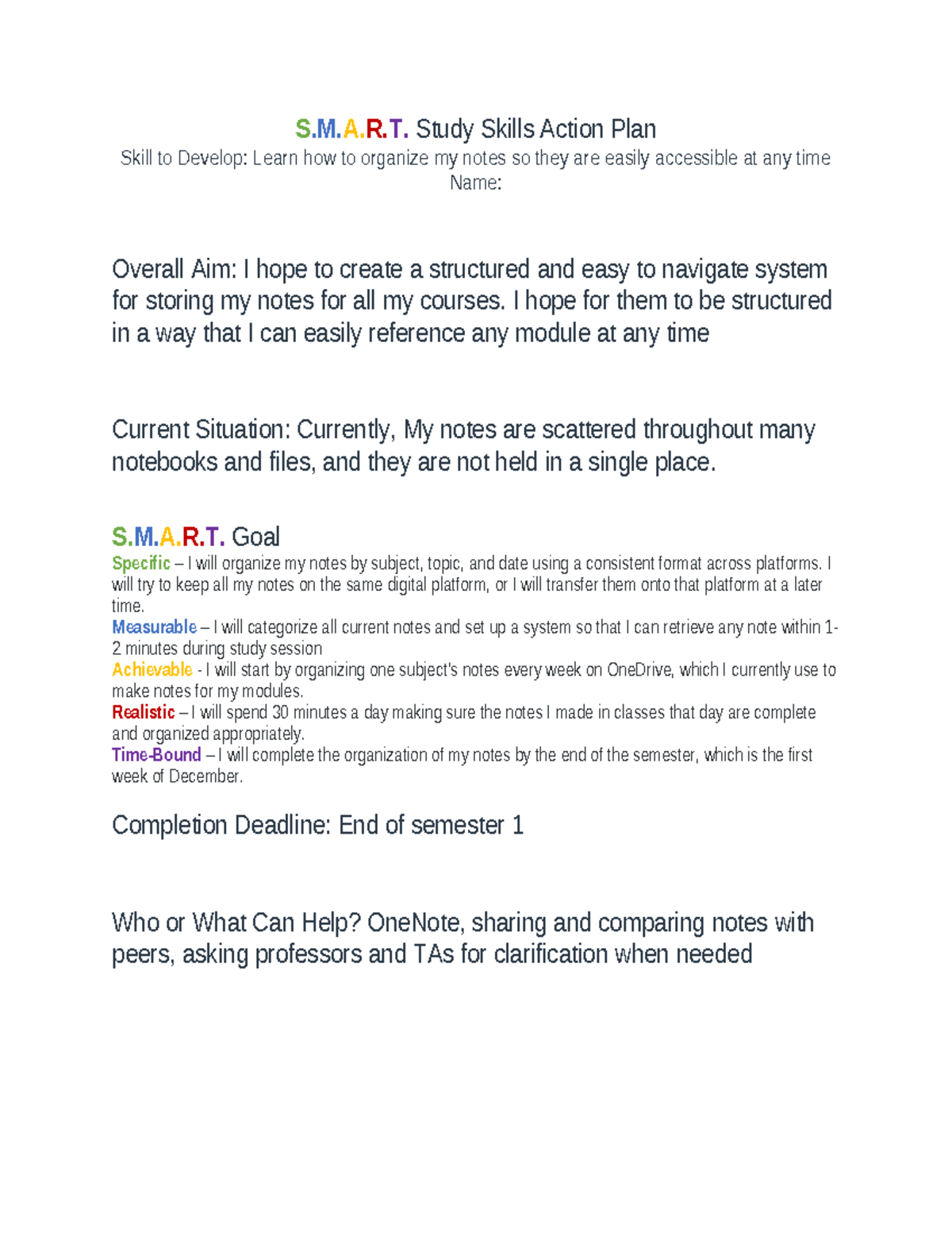 Smart Goal Template - S.M.A.R. Study Skills Action Plan Skill to ...