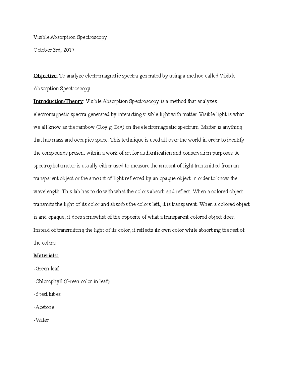 Visible Absorption Spectroscopy (Lab 2) Visible Absorption