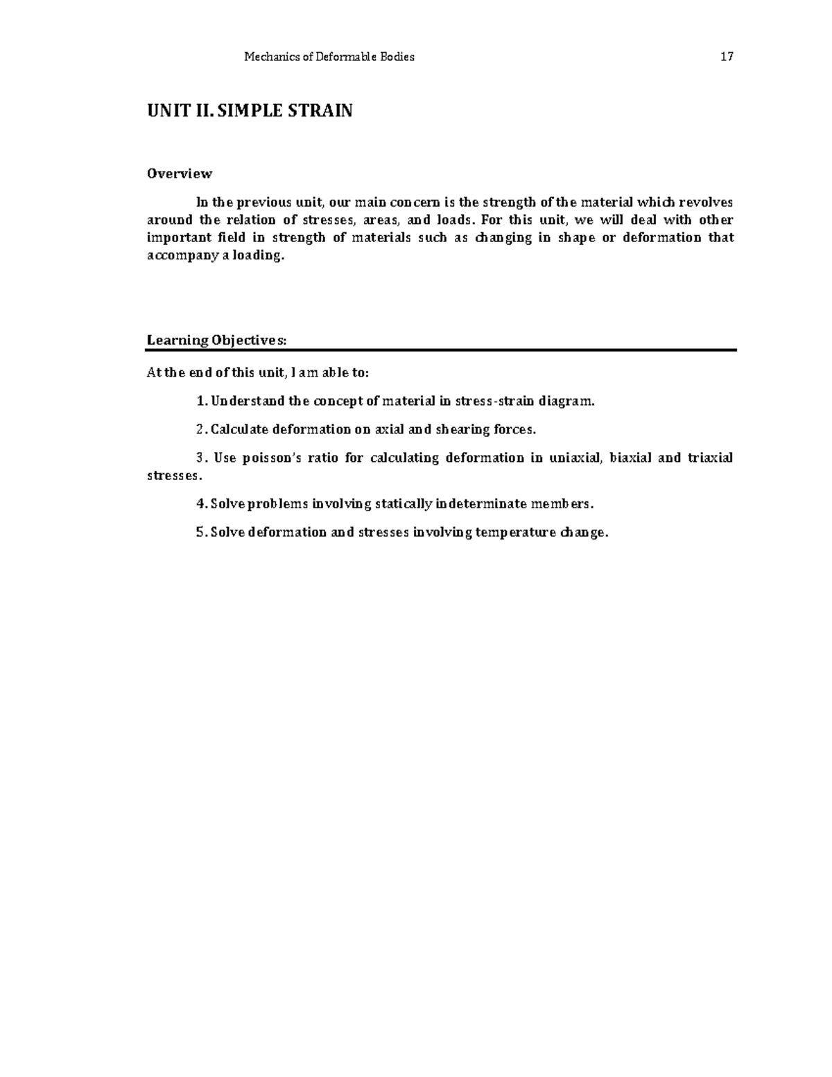 MECH 314 Unit 2 1 Mechanics of deformable bodies lecture UNIT II