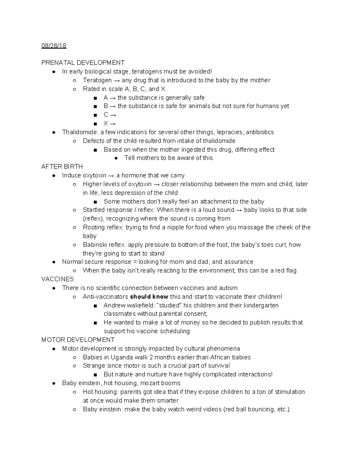PSYC 001 Part 2 - Lecture notes 6-9 - 09/26/18 PRENATAL DEVELOPMENT In ...