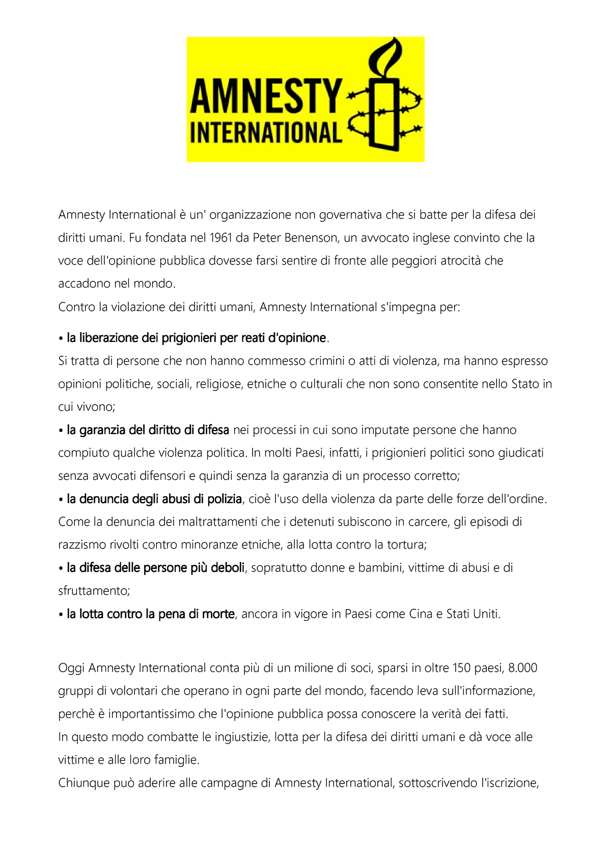 Amnesty International - Fu Fondata Nel 1961 Da Peter Benenson, Un ...