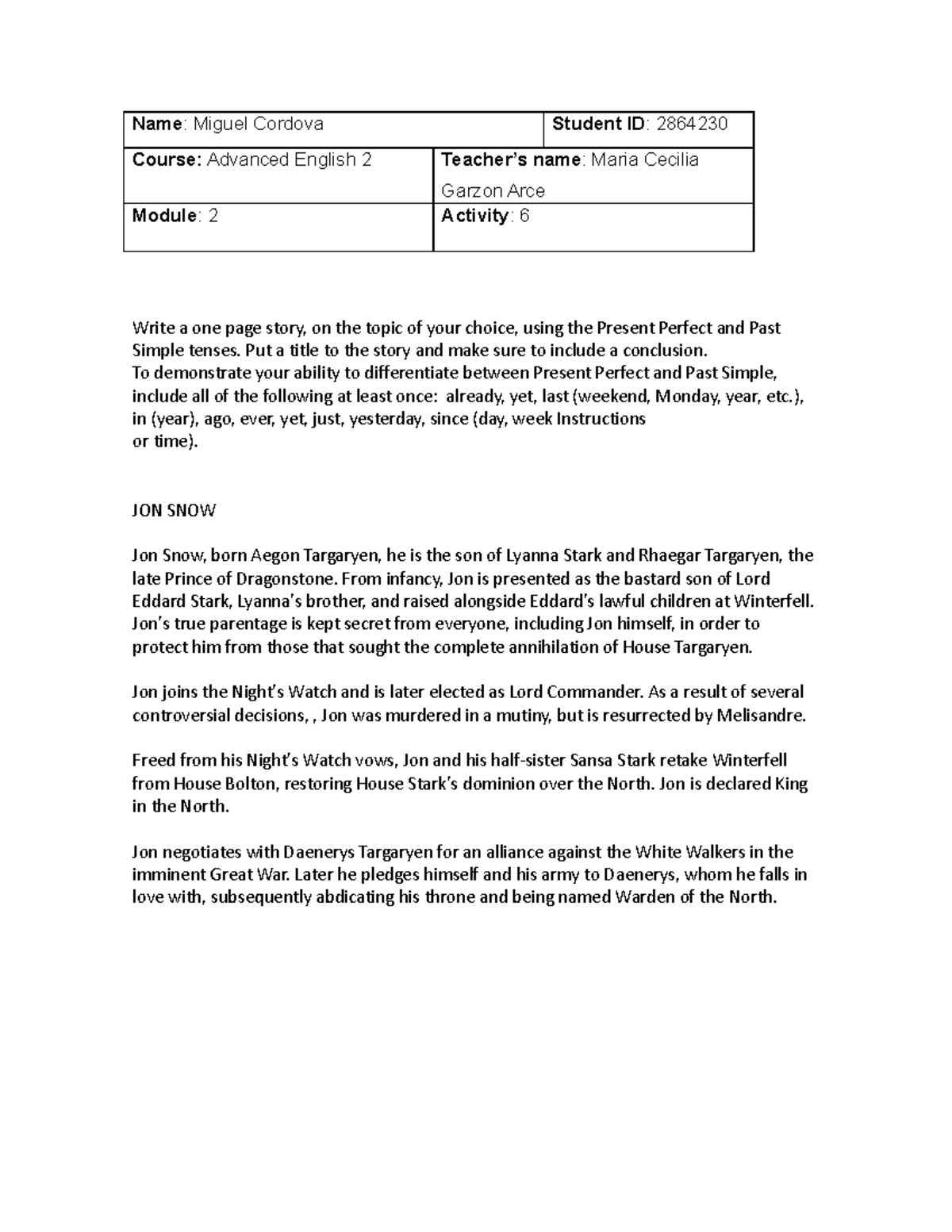 Act 6 ingles avanzado 2 - act 6 - Write a one page story, on the topic ...