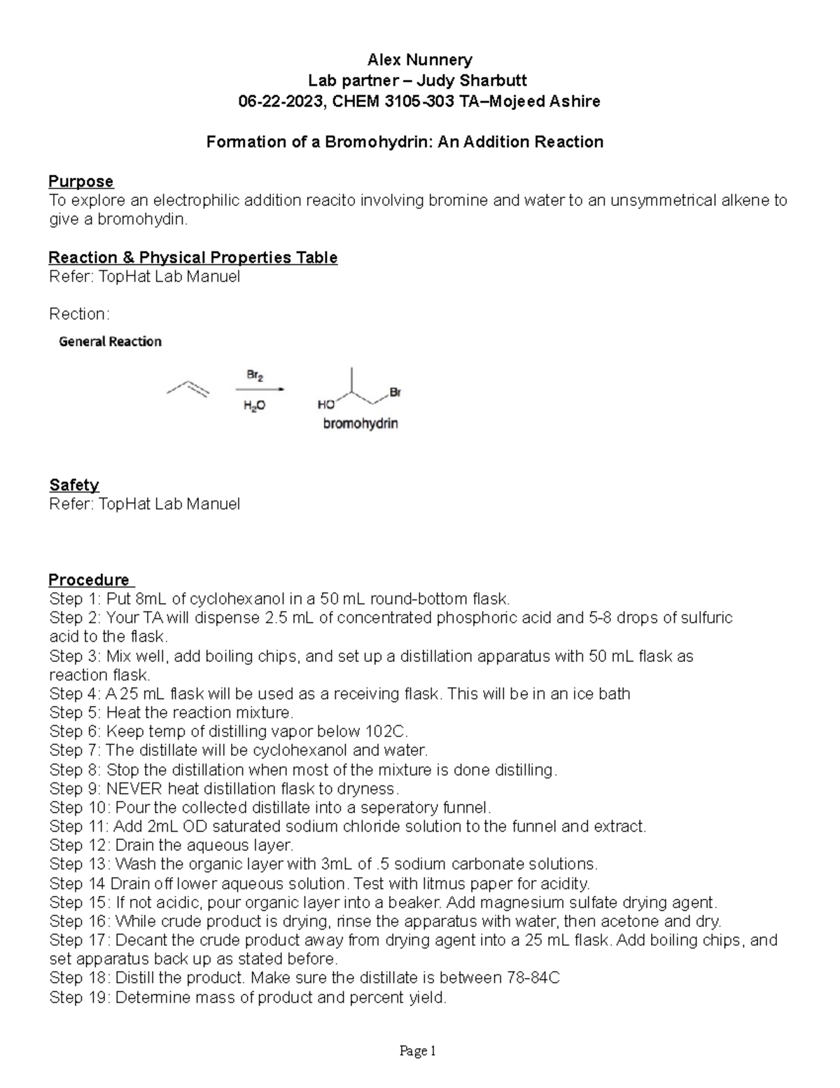 OChem 3105Exp11 - Lab report - Alex Nunnery Lab partner – Judy Sharbutt ...