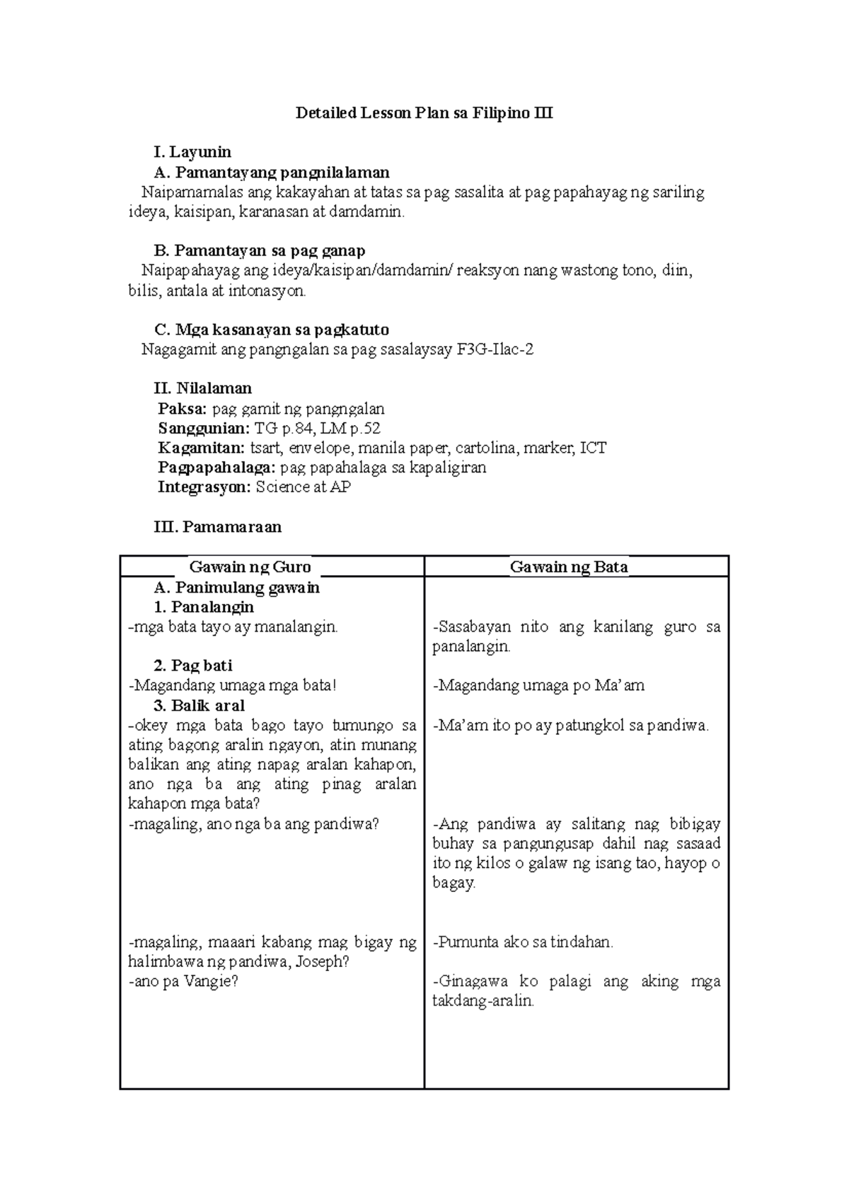 Detailed Lesson Plan In Filipino Iii Ericka Detailed Lesson Plan Sa Filipino Iii I Layunin A 3418