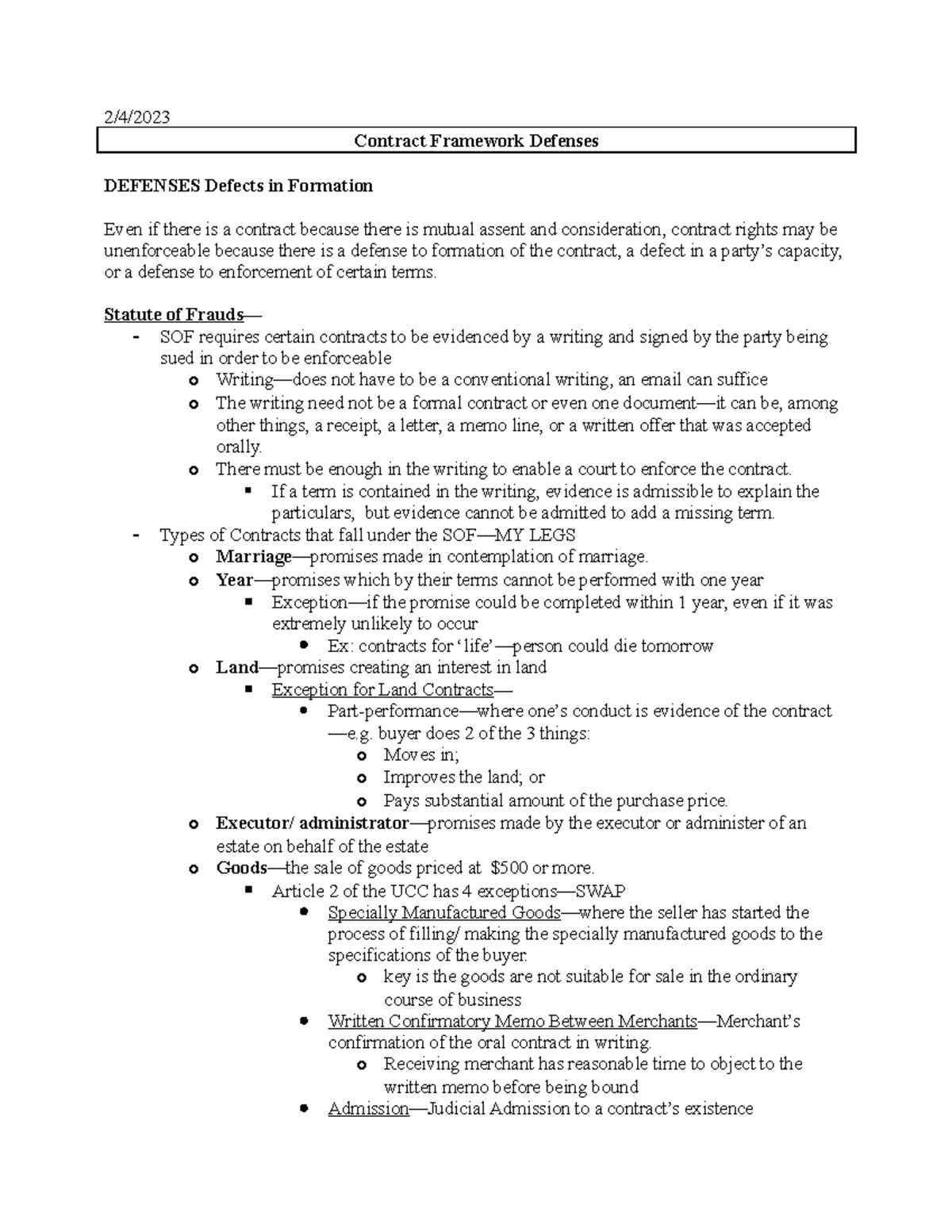 Contract Defenses Framework - 2/4/ Contract Framework Defenses DEFENSES ...