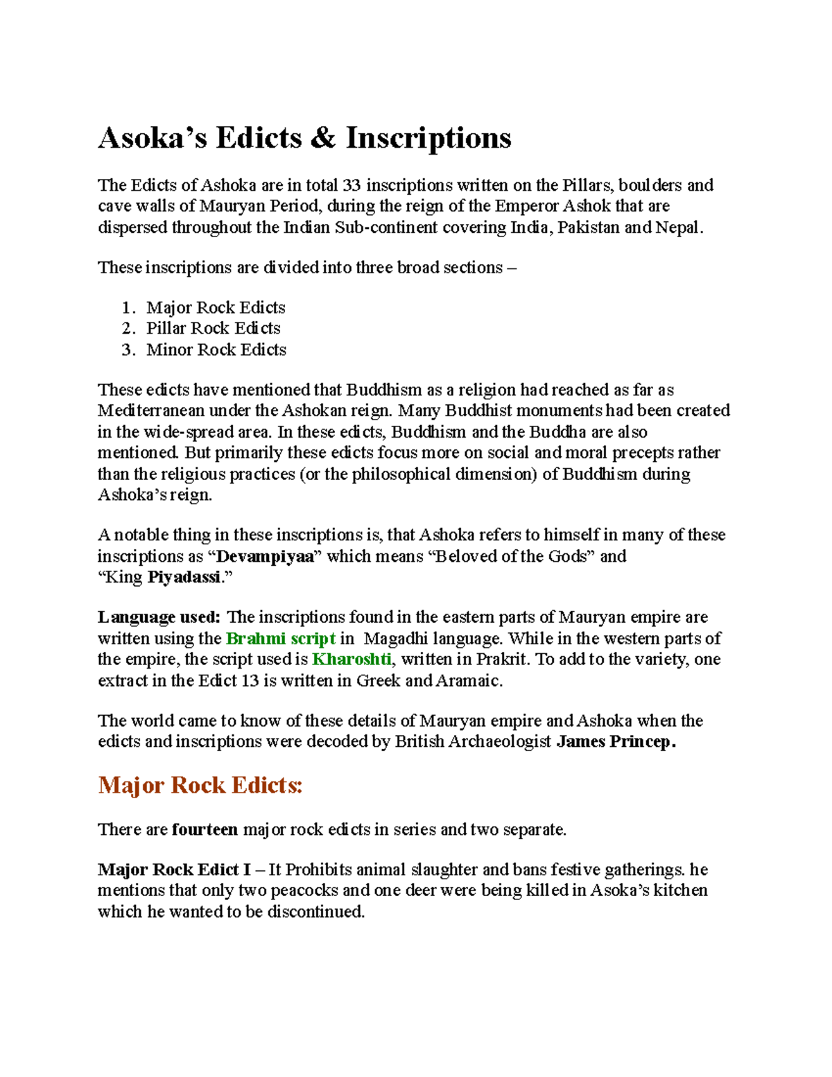 Asoka'S Edicts AND Inscriptions Asoka’s Edicts & Inscriptions The
