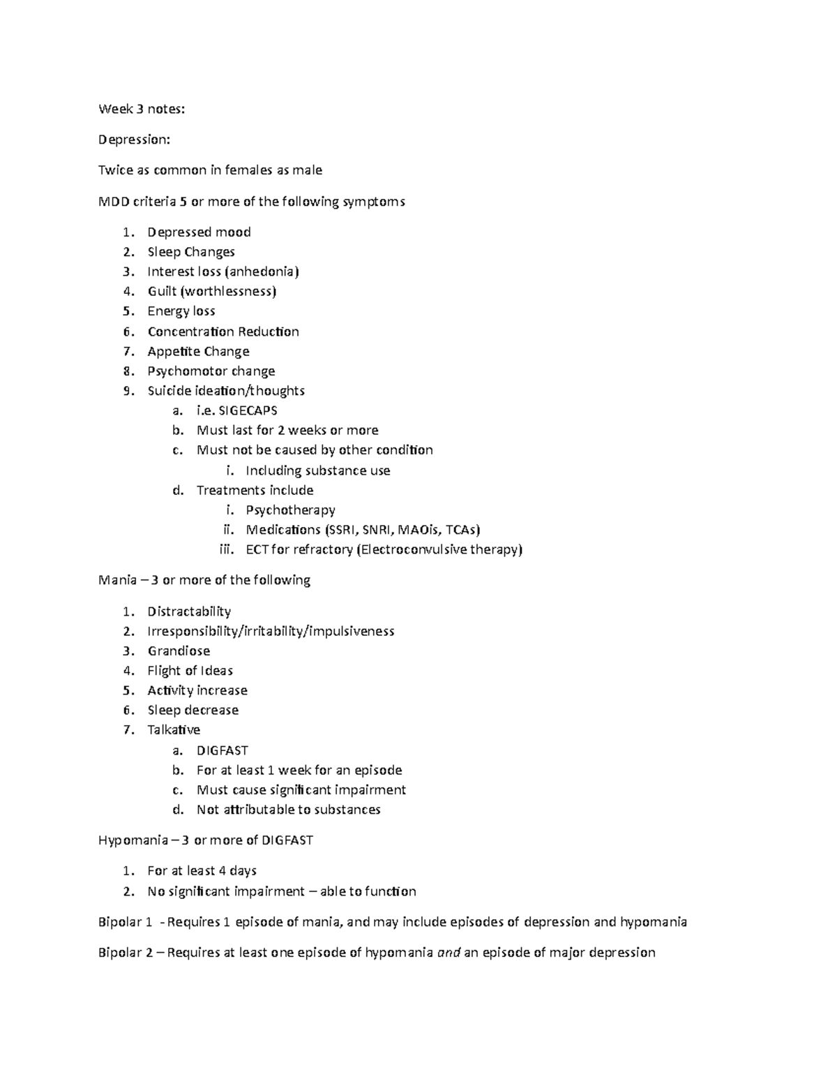 NRNP 6635 - Notes For Midterm - Week 3 Notes: Depression: Twice As ...