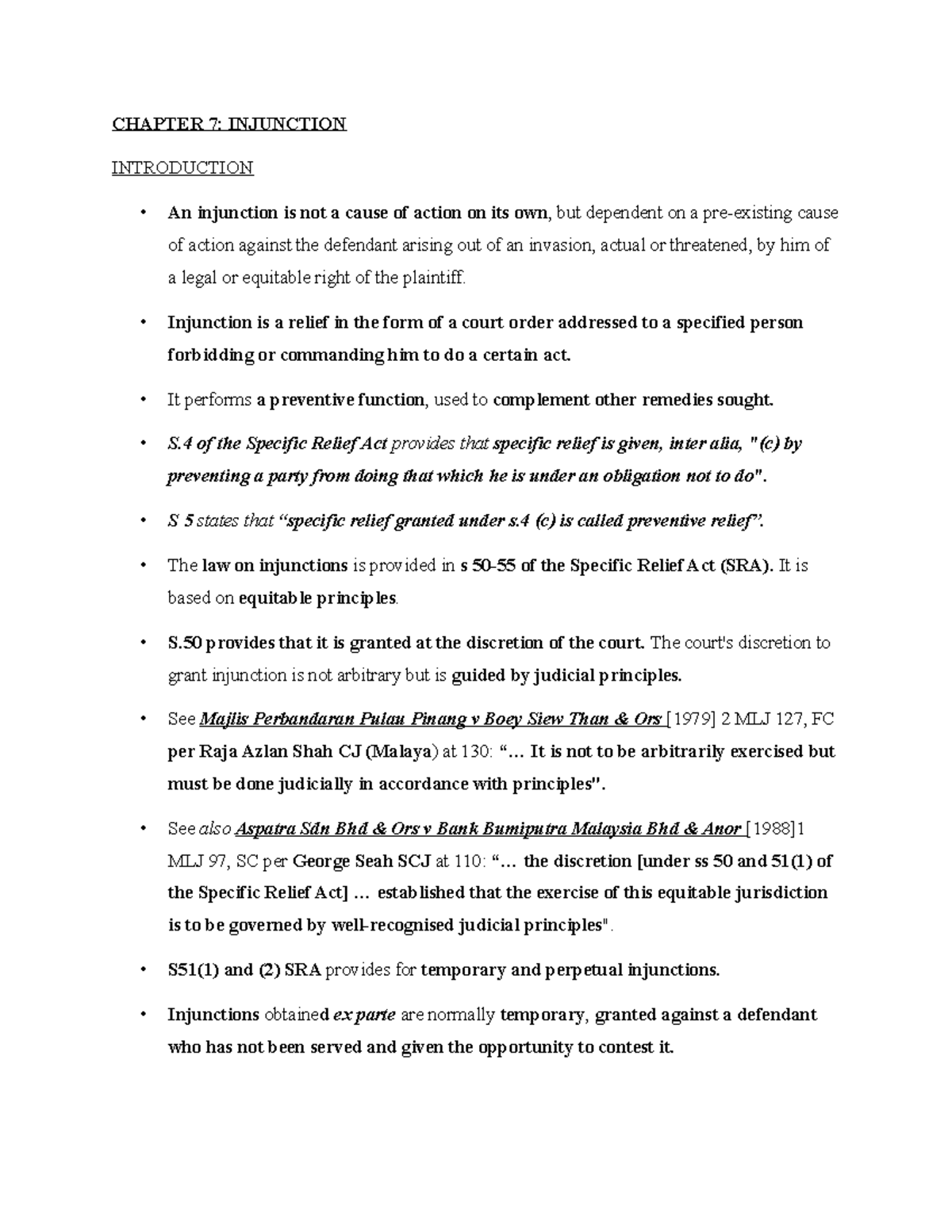 Chapter 7 Contract Law CHAPTER 7 INJUNCTION INTRODUCTION An