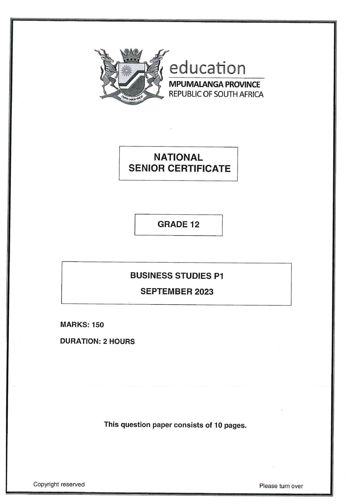 BSTD Gr12 Sept 2023 Paper 1 MG ENG - Studocu