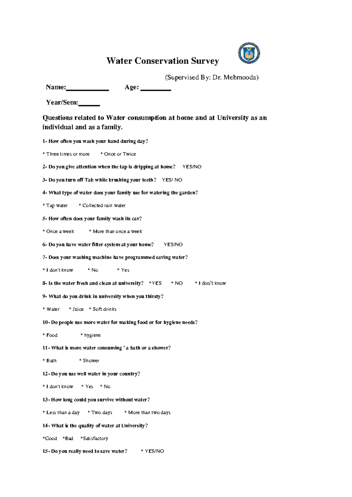 Consumption of water servey - Water Conservation Survey (Supervised By ...
