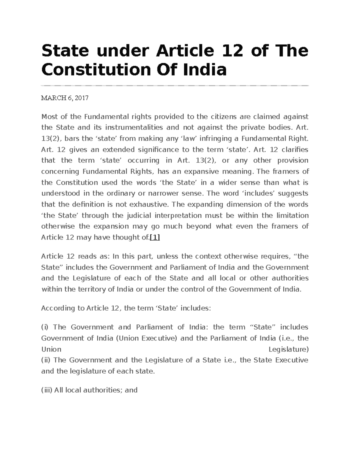 State under Article 12 of The Constitution Of India - Art. 13(2), bars ...