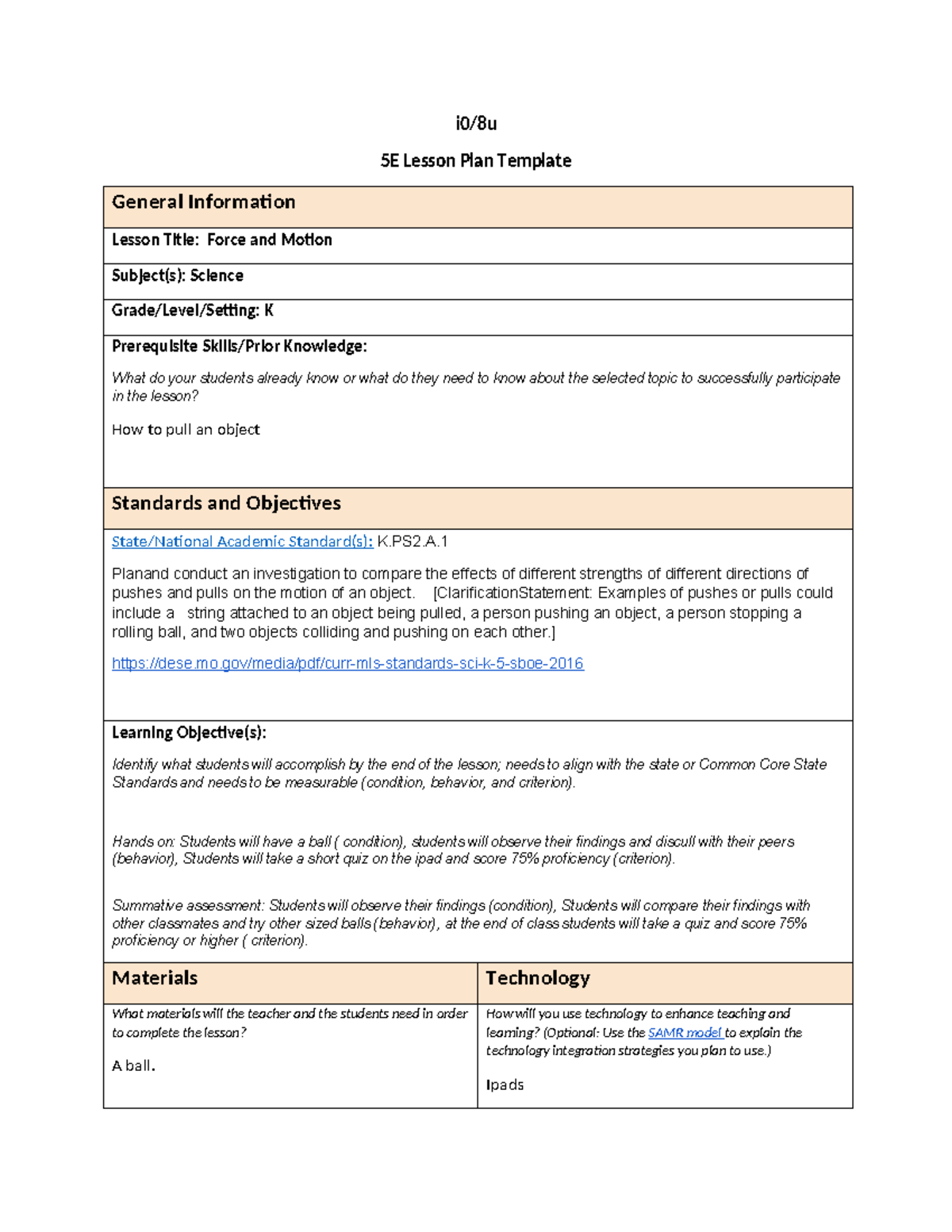 Science Methods (5) - i0/8u 5E Lesson Plan Template General Information ...