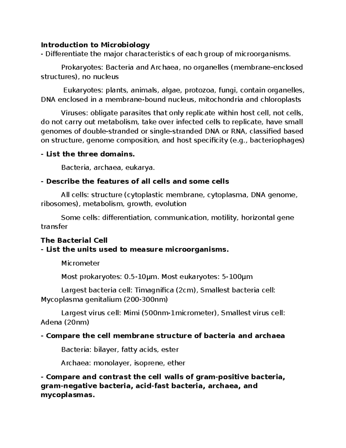 Microbio notes - Introduction to Microbiology Differentiate the major ...