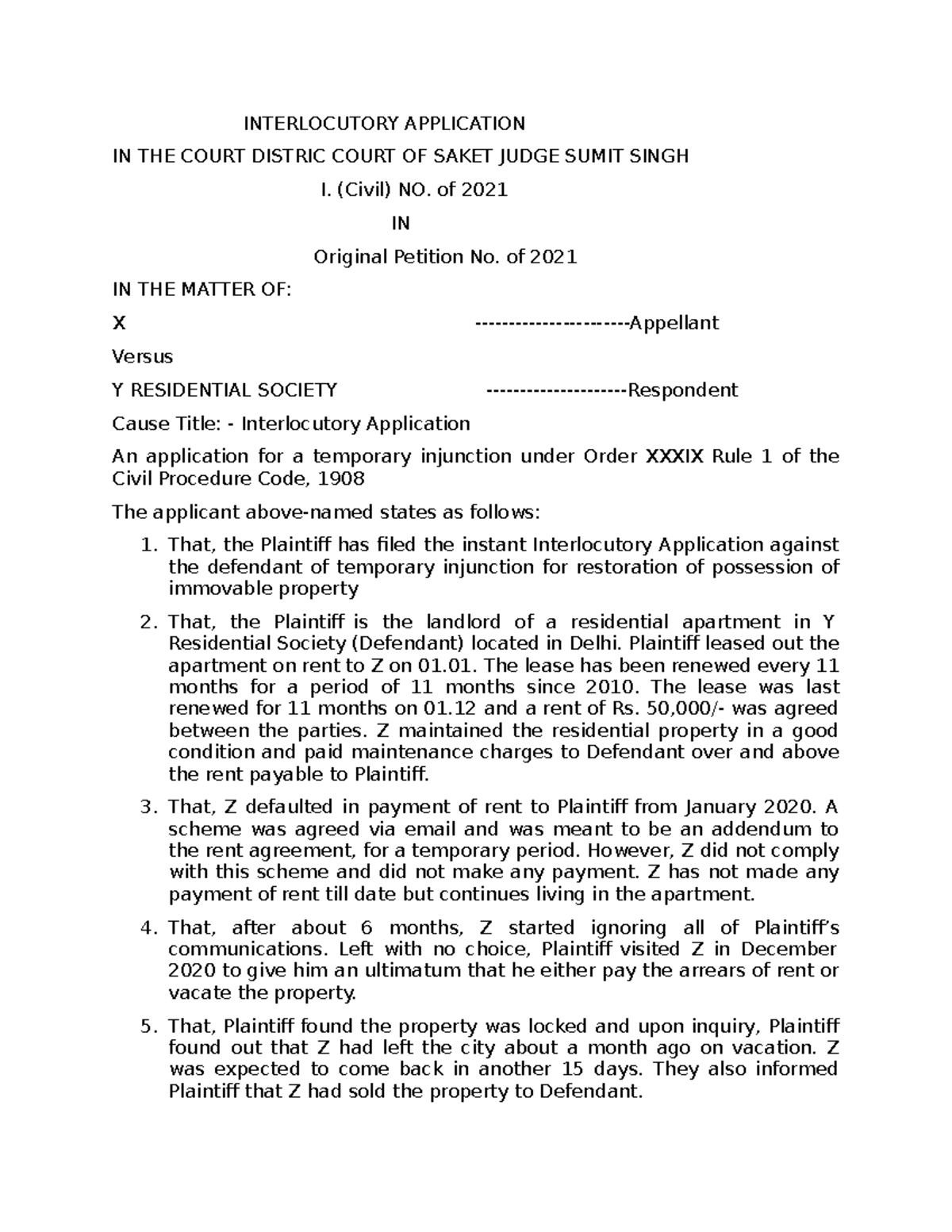 Interlocutory Petition CIVIL PLAINT - INTERLOCUTORY APPLICATION IN THE ...