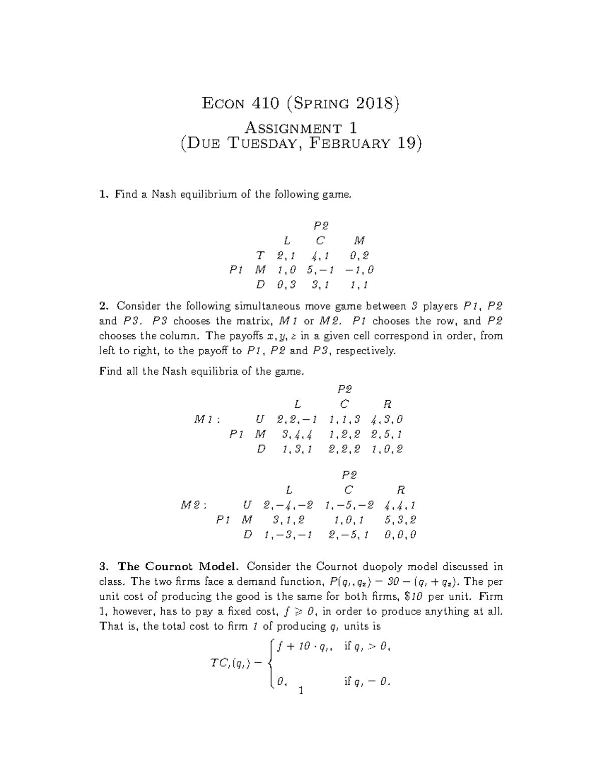 Assignment 01 (Spring 2019 ) - Econ 410 (Spring 2018) Assignment 1 (Due ...