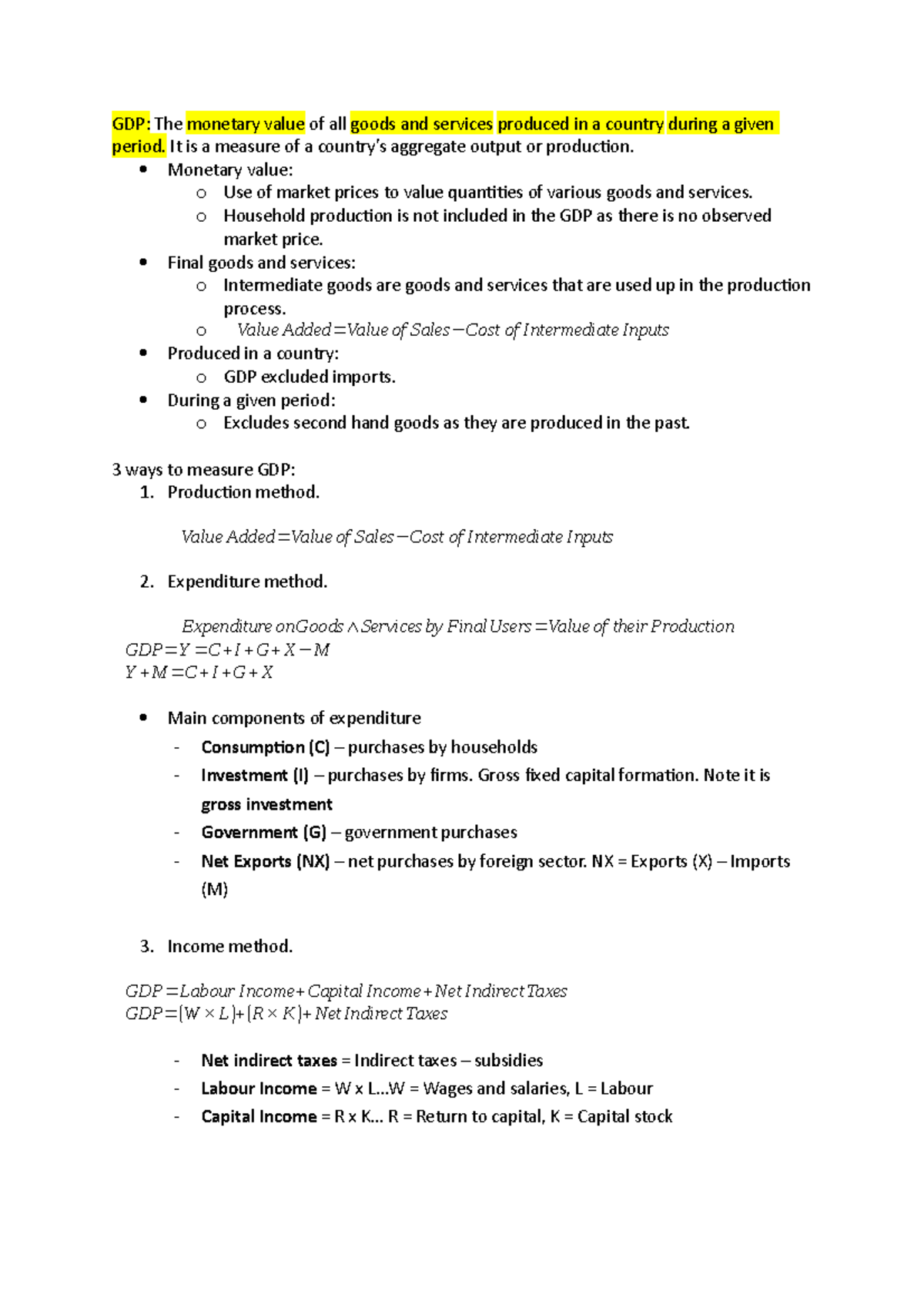 ECON1102 notes - GDP: The monetary value of all goods and services ...