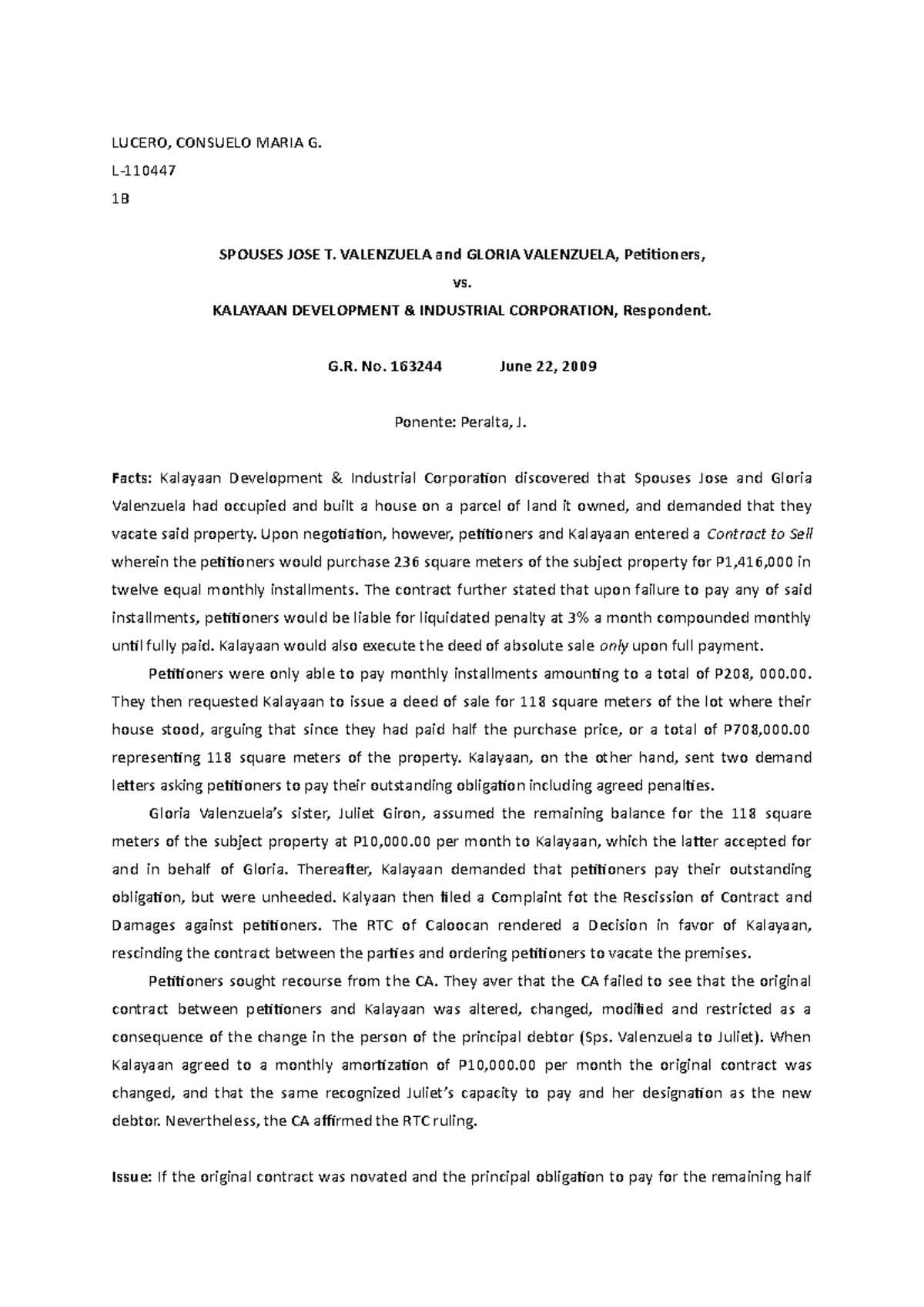 Novation Valenzuela vs Kalayaan LUCERO, CONSUELO MARIA G. L 1B