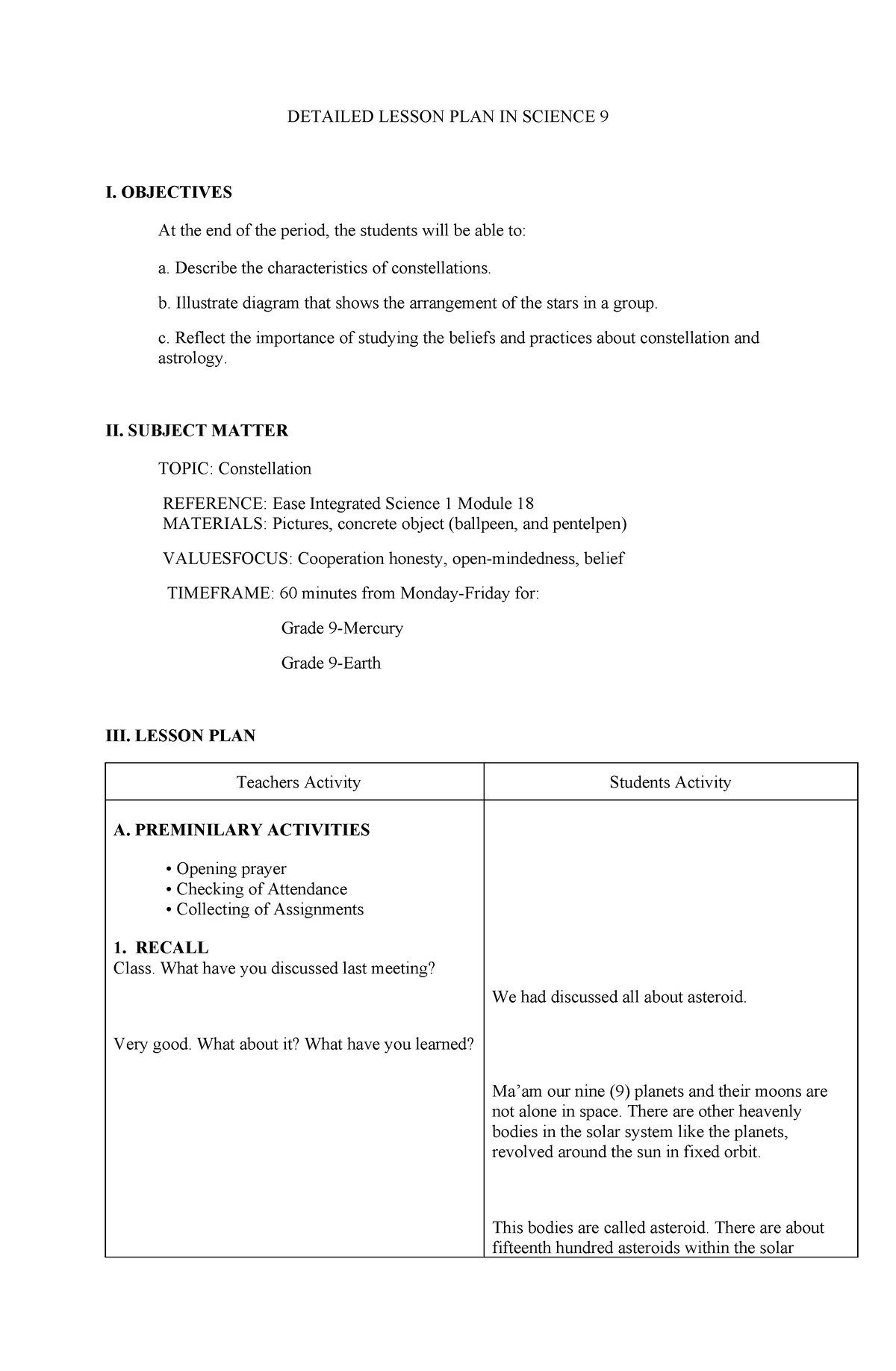 Lesson Plan In Constellation - DETAILED LESSON PLAN IN SCIENCE 9 I ...