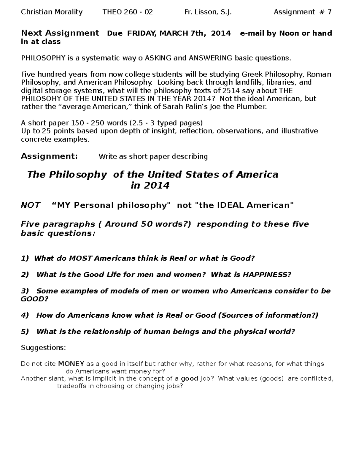 March 7 Phil Paper-2 - Fr. Ed Lisson, SJ. - Christian Morality THEO 260 ...