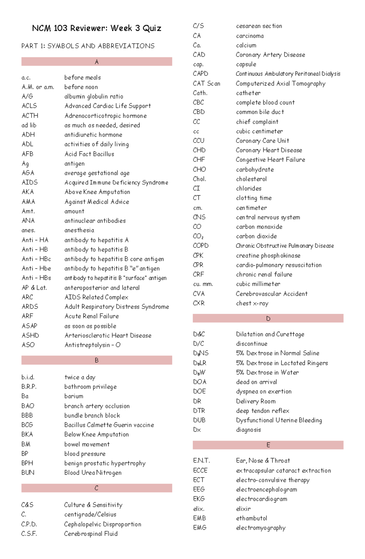 Abbreviations, Hospital Housekeeping, Body Mechanics, Bed Making NCM