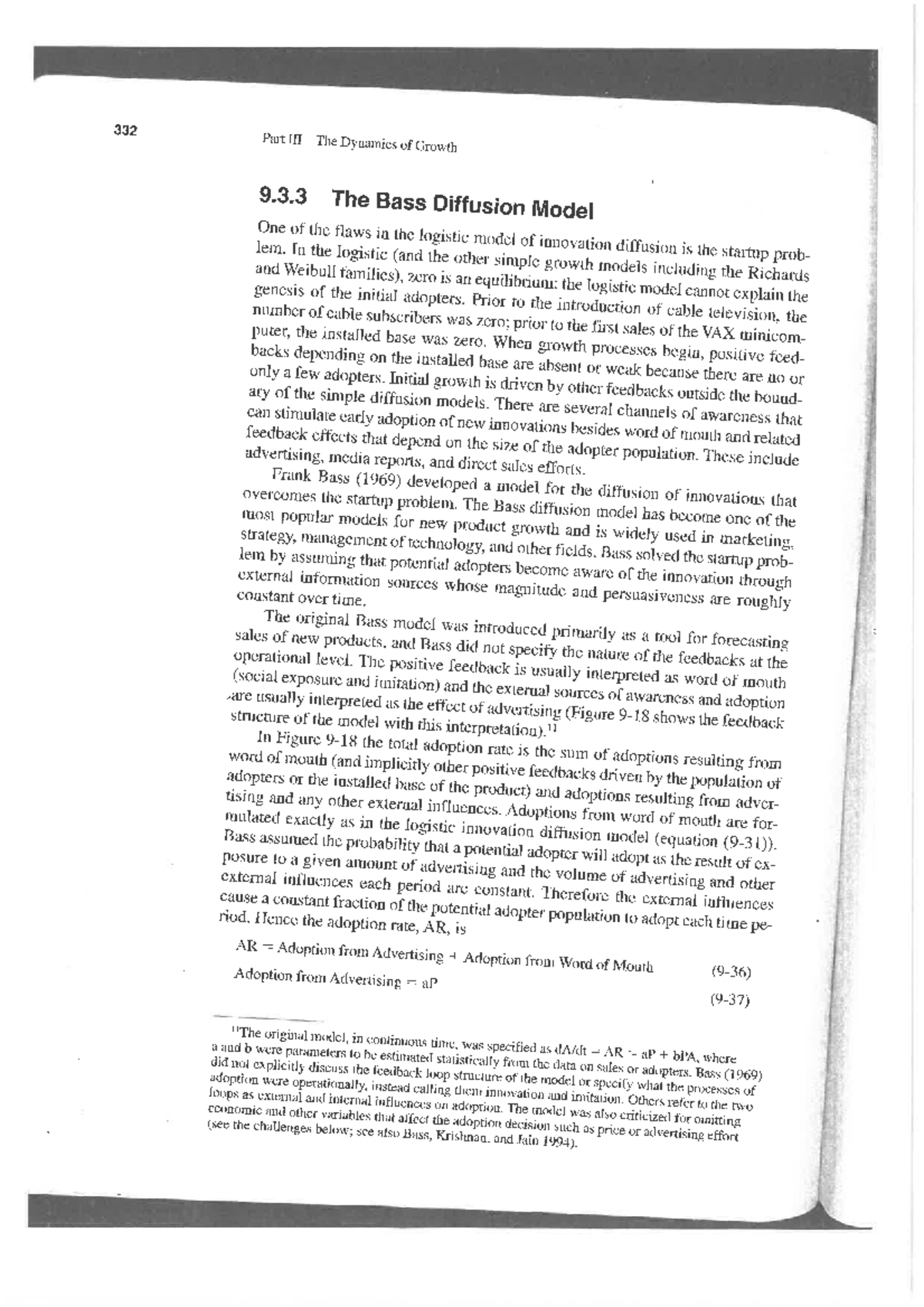 Bass Diffusion model - read - 332 Part The Dynamics of Growth 9.3 The ...